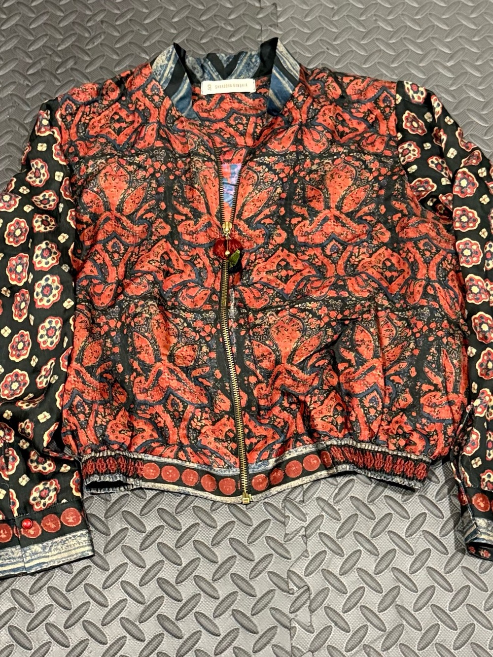 Shraddha Rahbhia Women's Red Black Blue Floral Bohemian Bomber Full Zip size M
